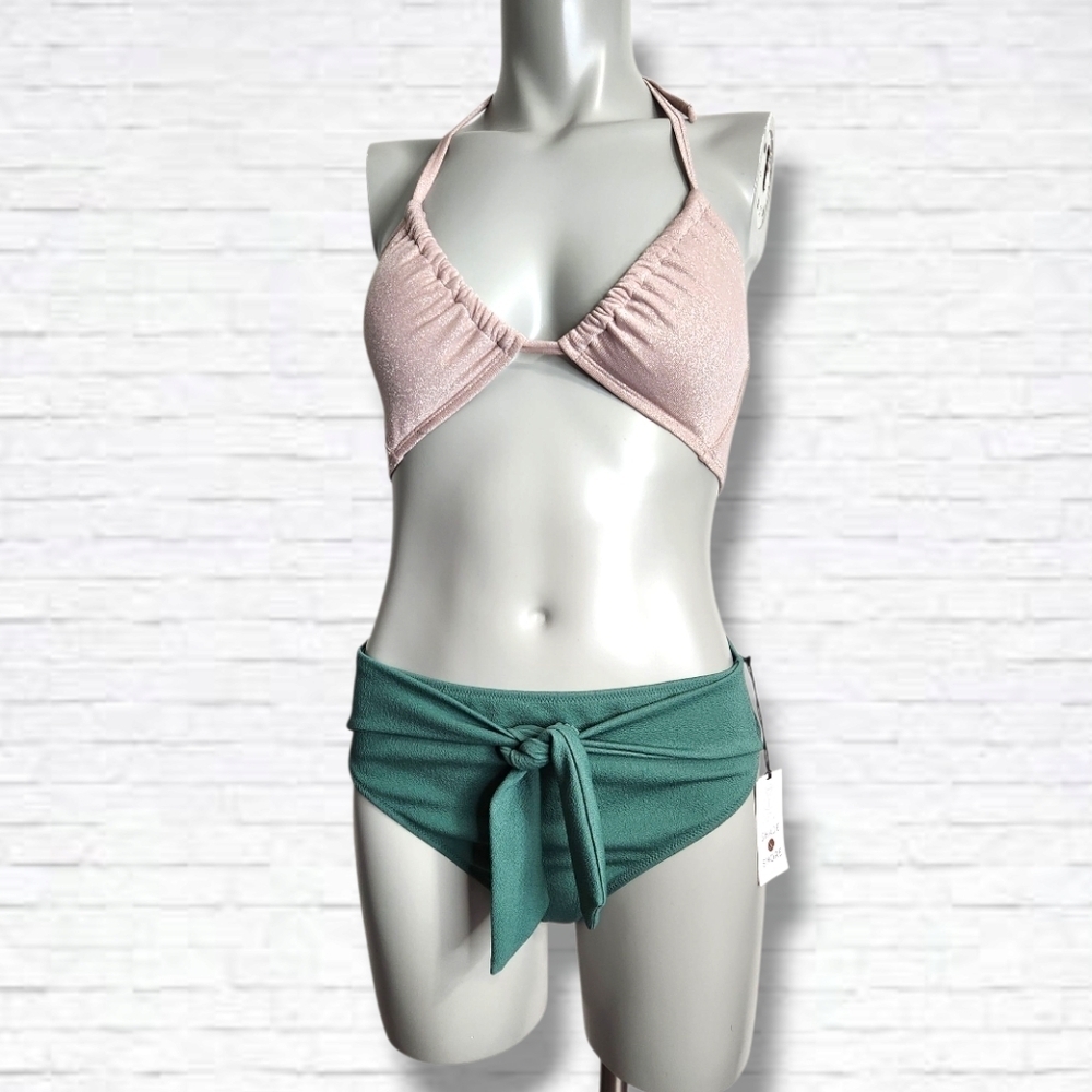 Shade & Shore Contrasting Colours String Bikini Top Mid Waist Bottoms Size S
